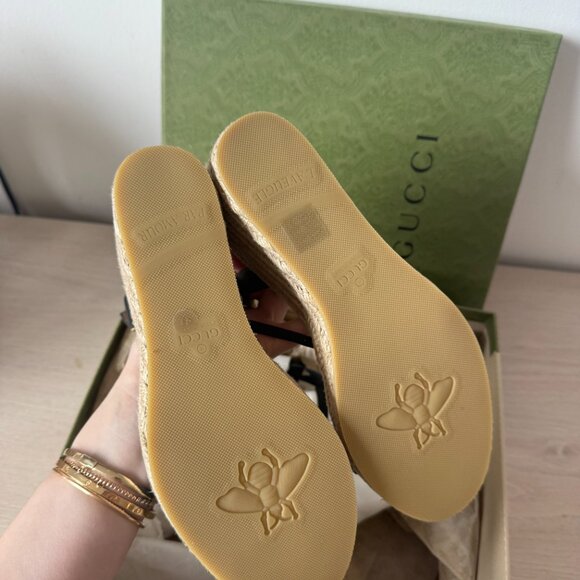 NWT Gucci 85mm GG Platform Espadrilles Sandal Beige Jute Wedge Black Leather - Picture 11 of 12